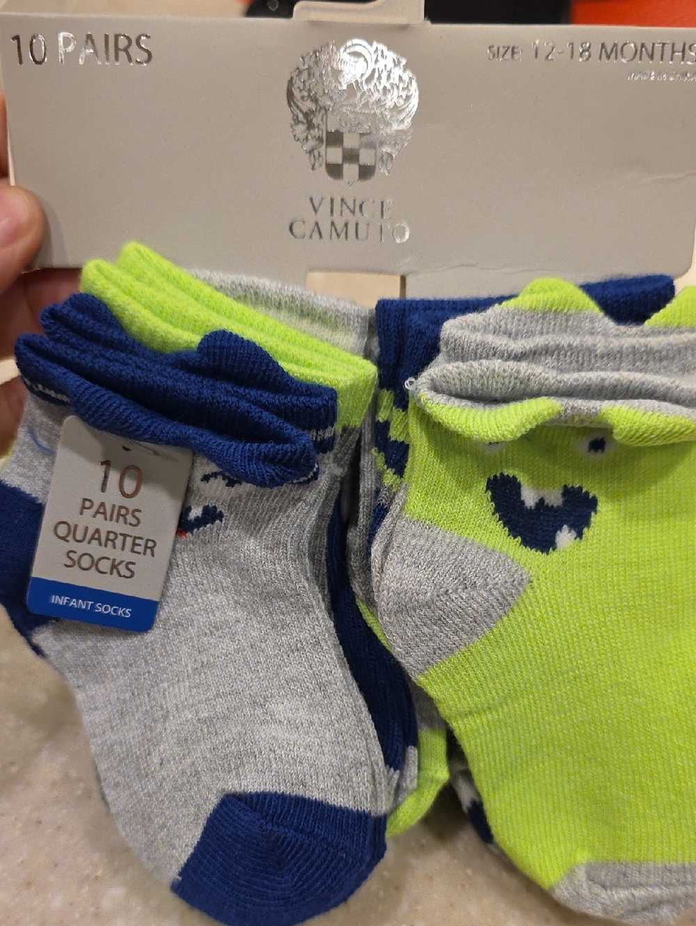 NWT Vince Camuto Infant Quarter Socks 10-Pack in Gray, Navy & Neon Green 12-18 M